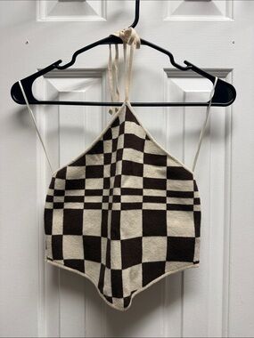 Altar'd State Brown and Cream Checker Halter Crop Top